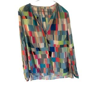 Ecru 100% silk multicolor blouse size M 70-s style